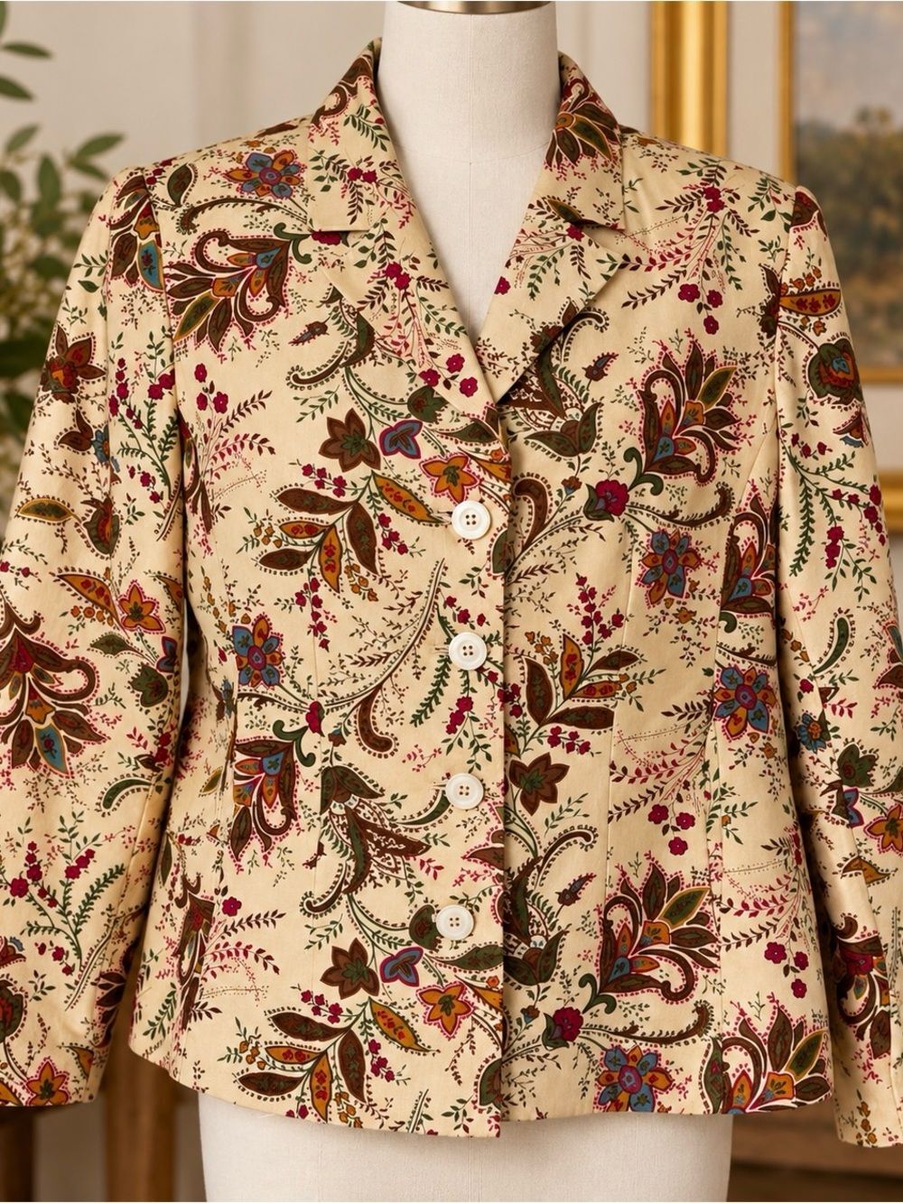 Appleseed Vintage 100% Silk Tan Floral Boho Chic lightweight Fall Earthy Jacket